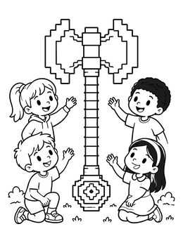Free printable Kids Admiring A Pixel Battle Axe coloring page