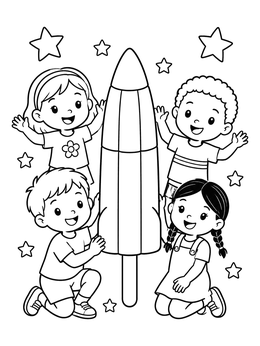 A group of cheerful children surrounds a giant rocket ice pop in this popsicle coloring page.