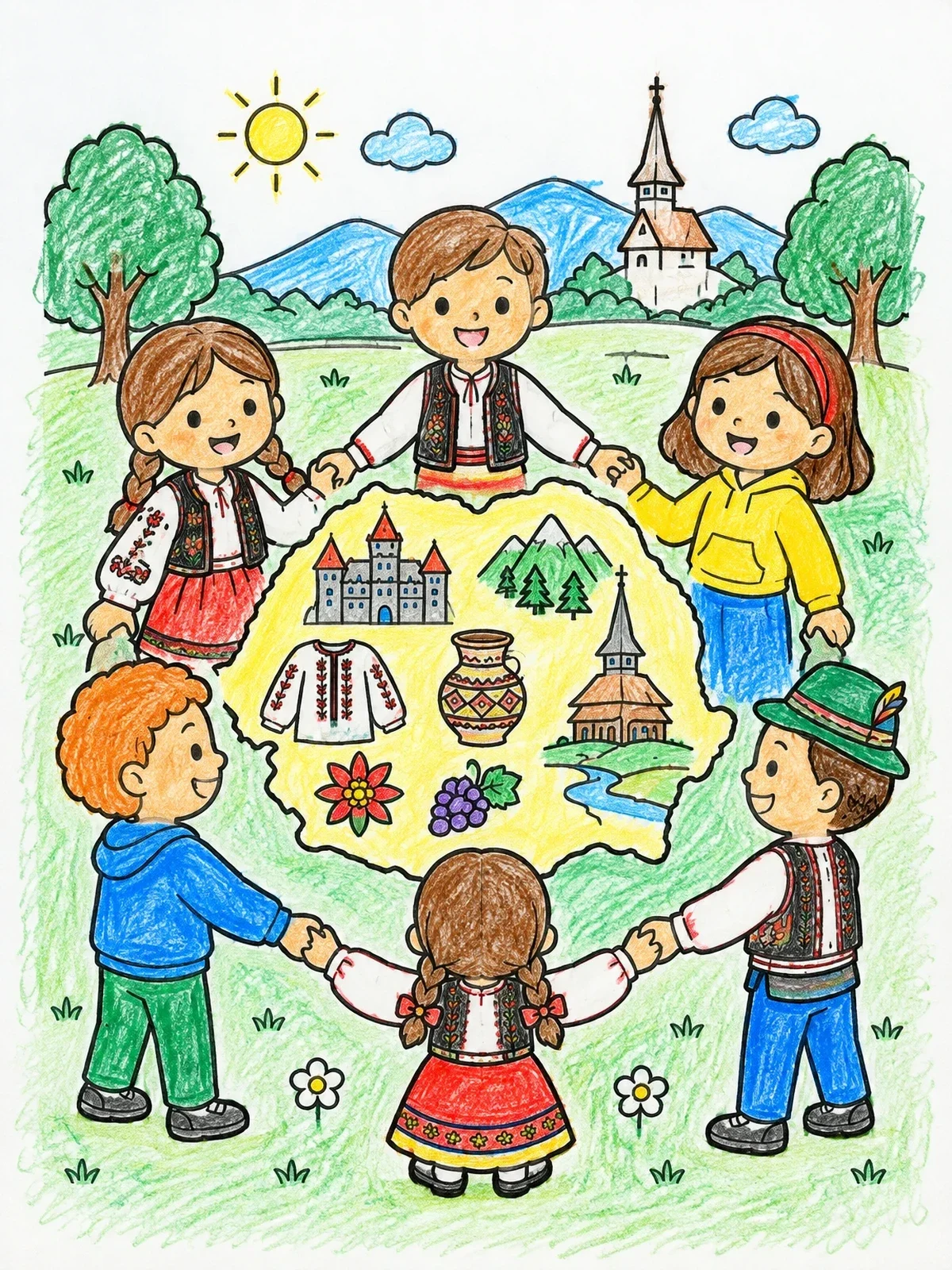 Colored example of the Children Dancing Around Romanian Map coloring page