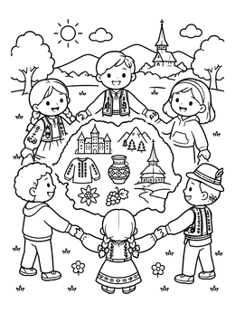 Free printable Children Dancing Around Romanian Map coloring page