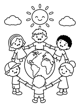 Free printable Children Holding Hands Around The Earth coloring page