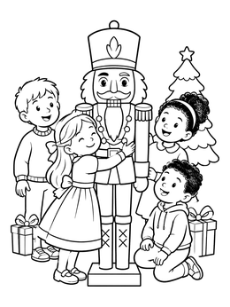 Free printable Children Admiring A Wooden Nutcracker coloring page