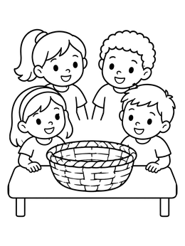 Four smiling kids gathered around a basket coloring page on a table.