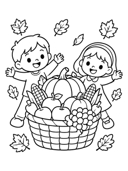 Free printable Happy Children With Harvest Basket coloring page