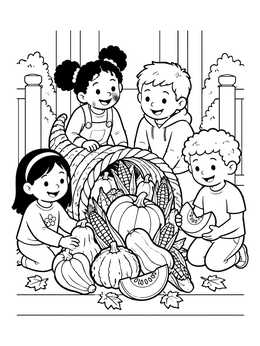Free printable Children With Autumn Harvest Cornucopia coloring page
