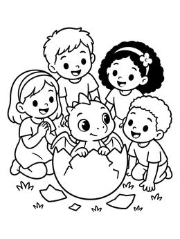 Free printable Children Welcoming A Baby Dragon coloring page