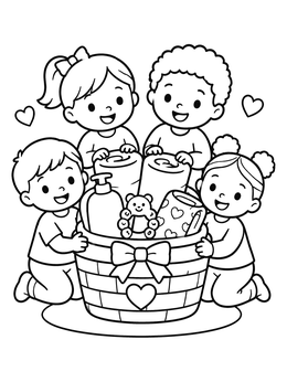 Free printable Children With Baby Gift Basket coloring page