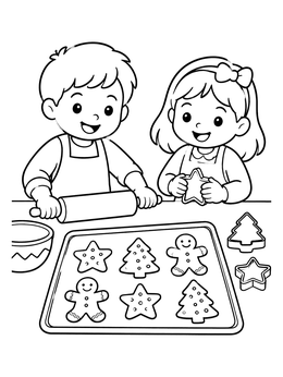 Free printable Children Baking Holiday Christmas Cookies coloring page