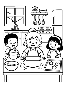 Three cheerful kids baking dough in a kitchen coloring page.
