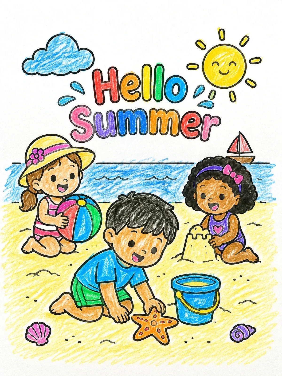 Colored example of the Children Playing At The Sunny Beach coloring page