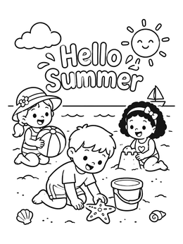 Kids play in the sand under the sun in this hello summer coloring page.