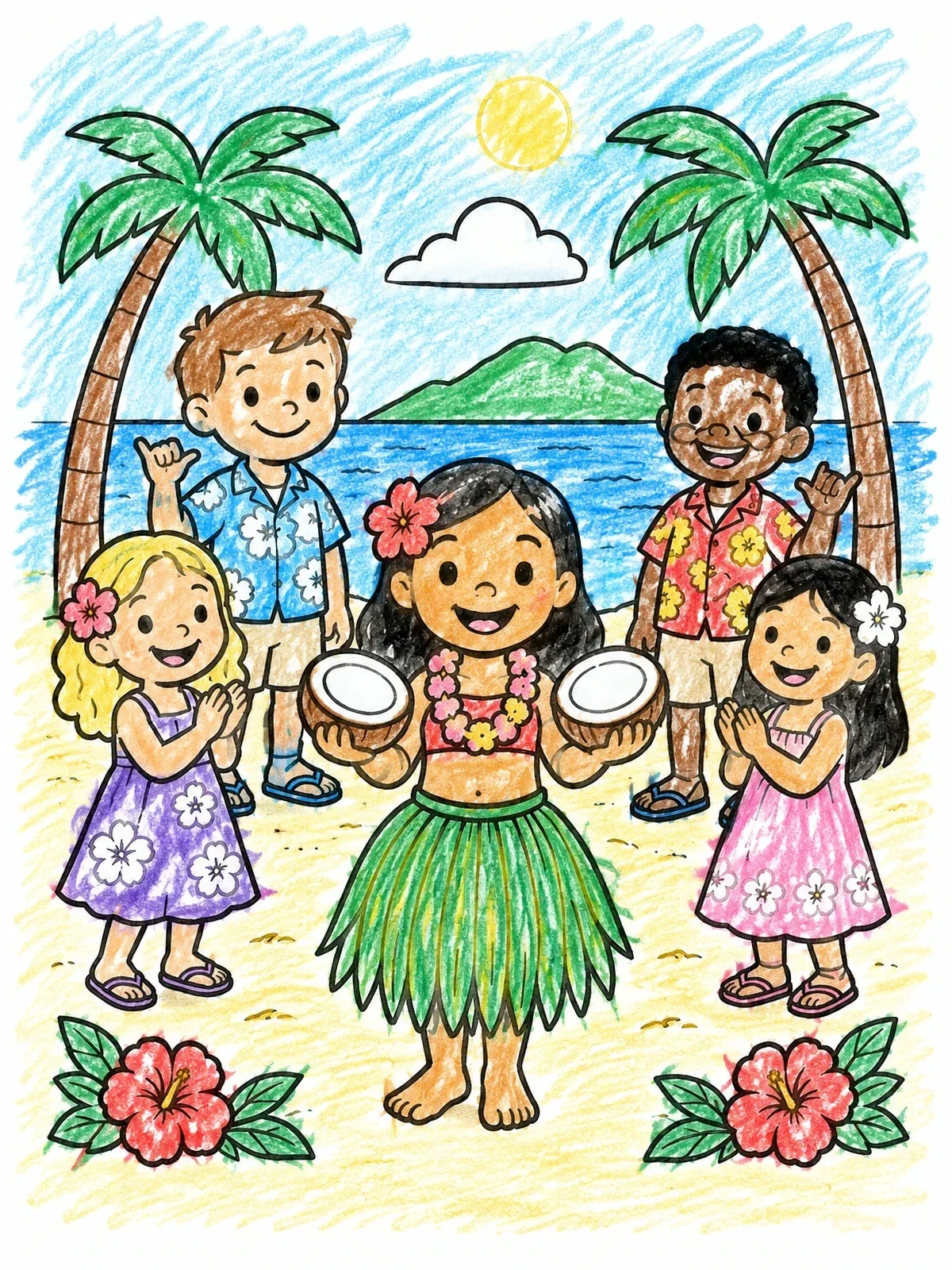 Colored example of the Children Celebrating At A Beach Luau coloring page