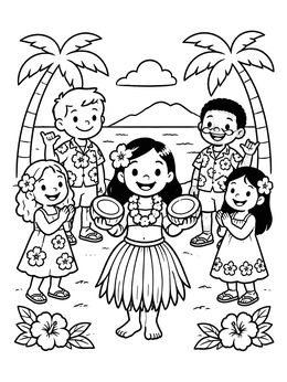 Free printable Children Celebrating At A Beach Luau coloring page