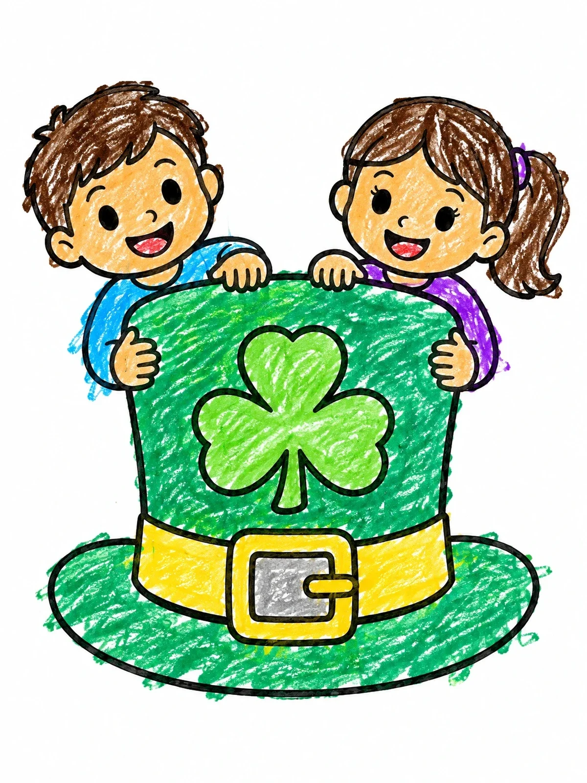 Colored example of the Children Peeking Behind Leprechaun Hat coloring page
