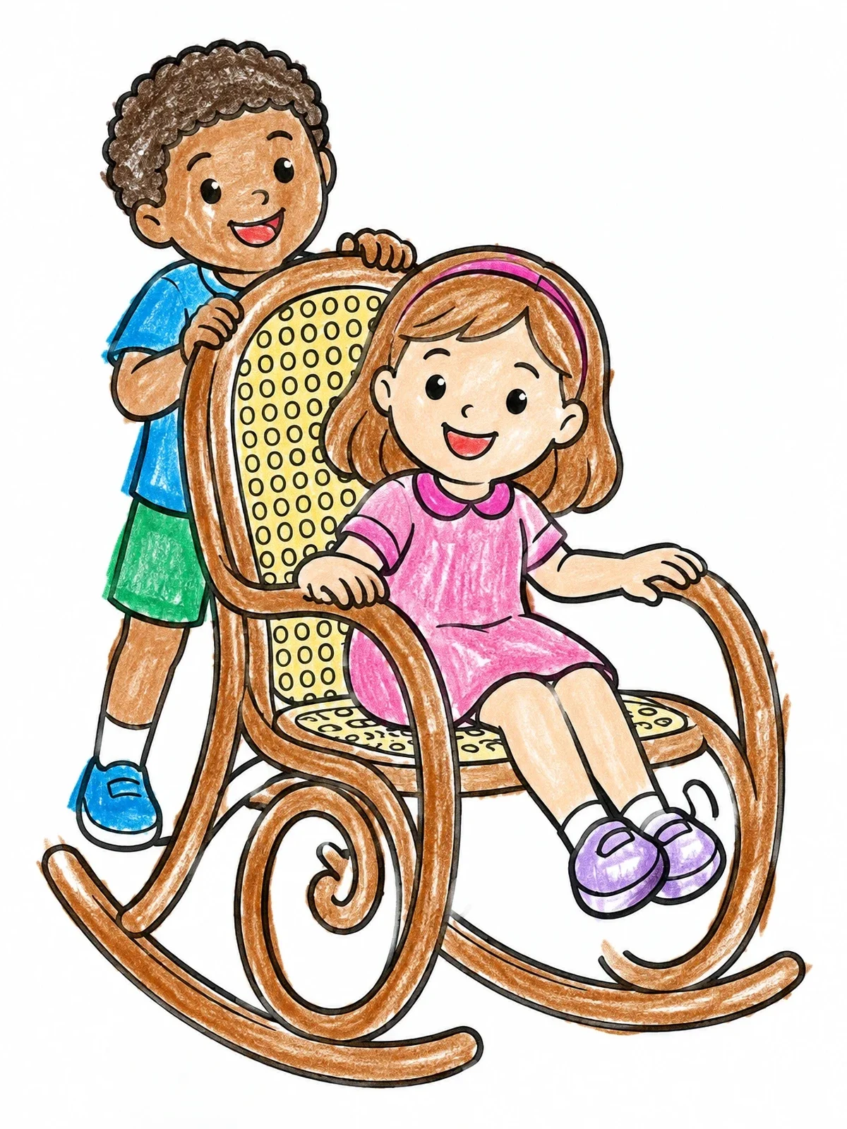Colored example of the Children With Classic Rocking Chair coloring page