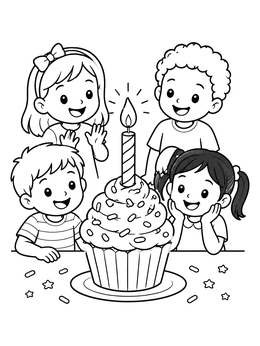 Kids cheering around a treat in this cupcake coloring page.