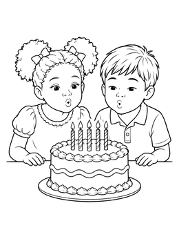 Two sweet children celebrate in this birthday candles coloring page as they blow out flames on a cake.