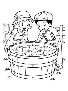 Free printable Children Bobbing For Apples coloring page