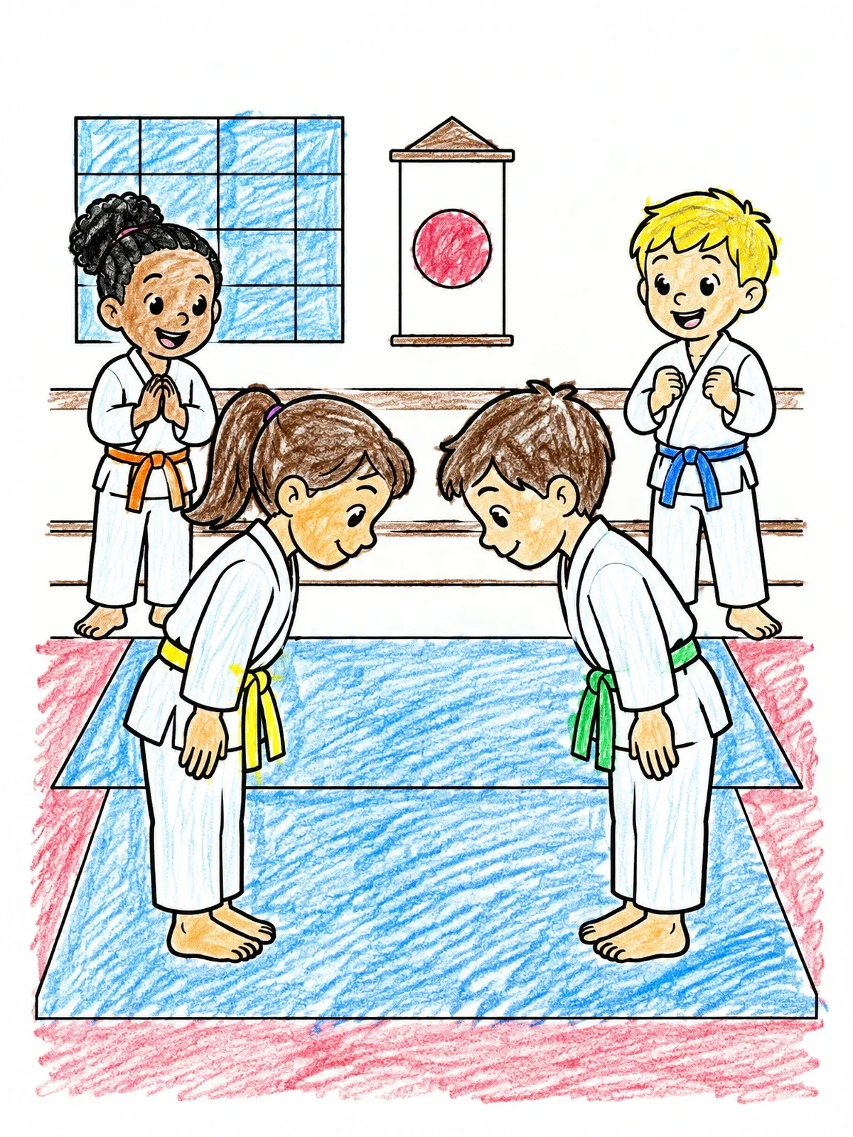 Colored example of the Children Bowing In Karate Dojo coloring page