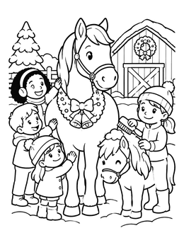 A festive christmas horse coloring page featuring children brushing a pony by a snowy barn.