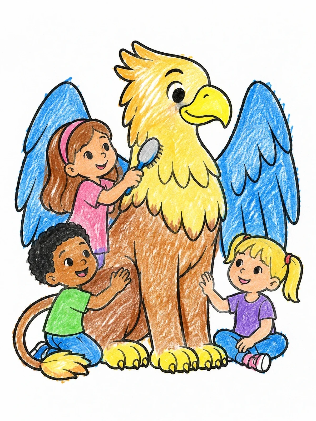 Colored example of the Children Brushing A Friendly Griffin coloring page