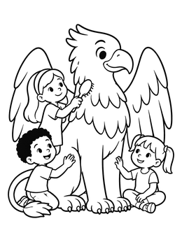 A friendly griffin coloring page with happy children gently brushing and petting its soft feathers.