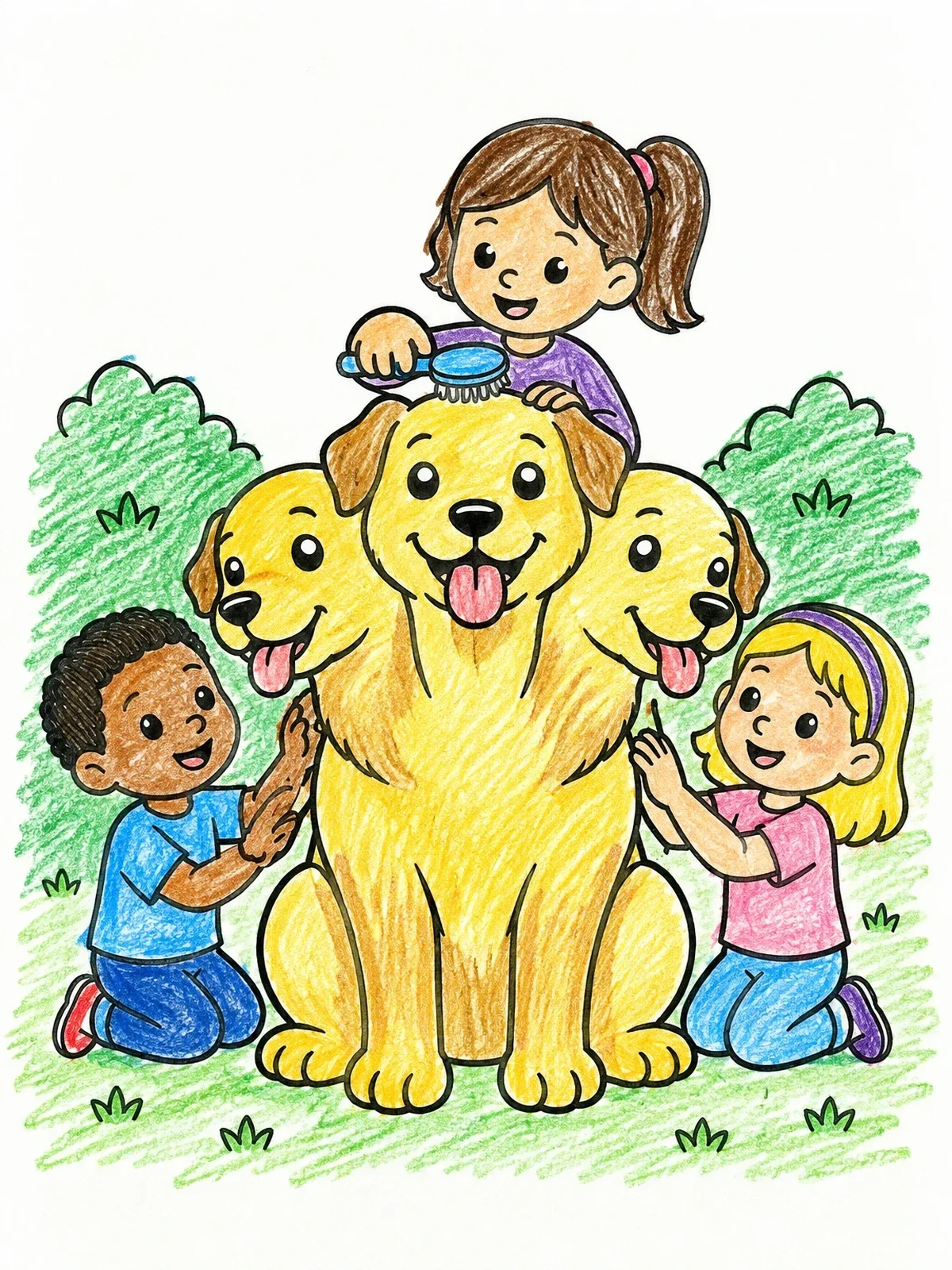 Colored example of the Children Brushing Friendly Three Headed Dog coloring page