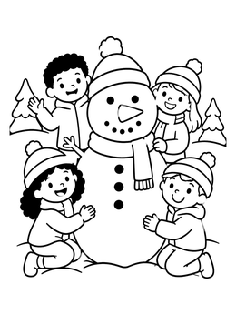 Free printable Children Building A Winter Snowman coloring page