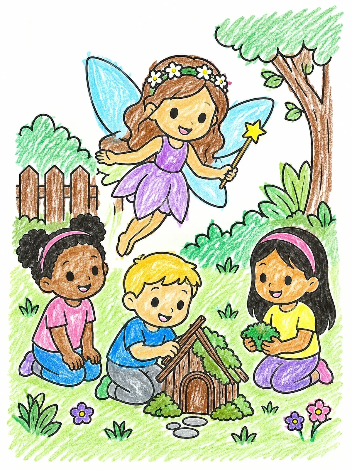Colored example of the Children Building A Backyard Fairy House coloring page