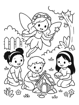 Children build a tiny wooden house outdoors on this fairy coloring page as a fairy watches.