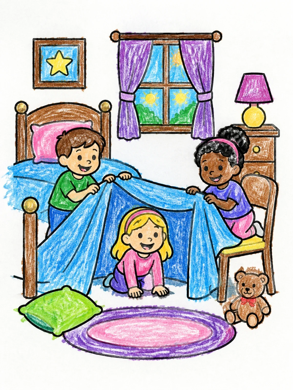 Colored example of the Children Building A Cozy Blanket Fort coloring page