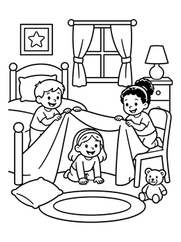 Free printable Children Building A Cozy Blanket Fort coloring page
