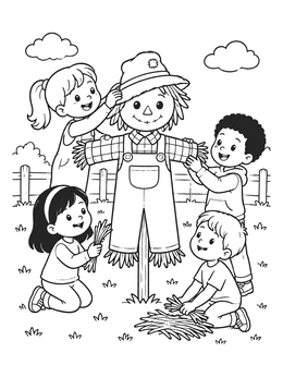 Free printable Children Building A Garden Scarecrow coloring page