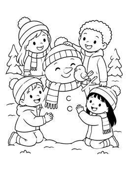 Kids gather outside in winter around a happy snowman coloring page.