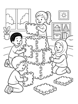 Free printable Children Building With Foam Blocks coloring page