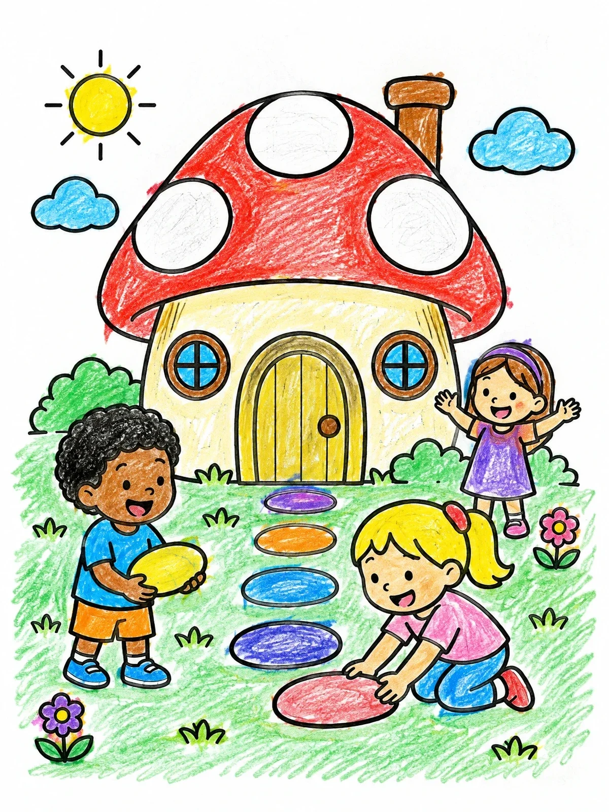 Colored example of the Children Building A Mushroom Path coloring page