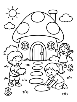 Free printable Children Building A Mushroom Path coloring page