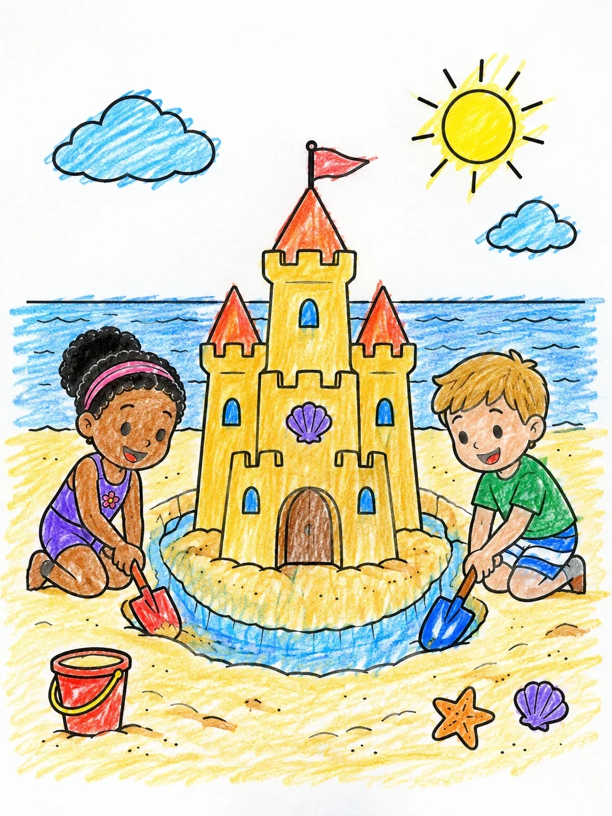 Colored example of the Children Building A Sandcastle Together coloring page
