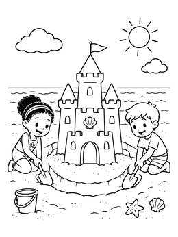 Free printable Children Building A Sandcastle Together coloring page