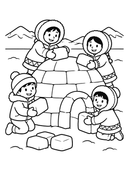 Kids in winter coats stack blocks in this igloo coloring page outdoors.