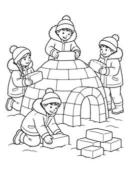 Children in warm winter parkas stack ice blocks in this igloo coloring page.