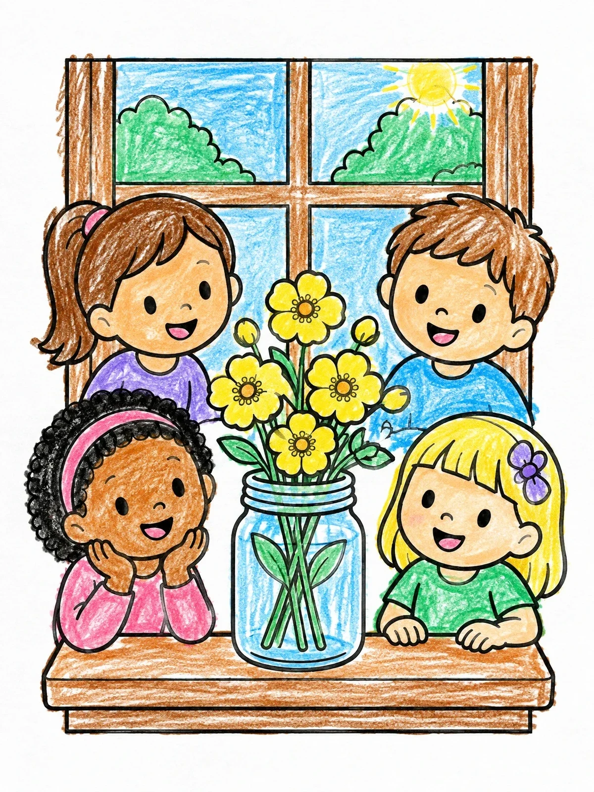 Colored example of the Children Admiring Buttercup Flowers coloring page