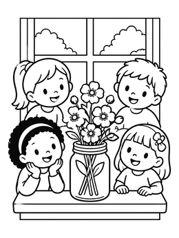 Free printable Children Admiring Buttercup Flowers coloring page