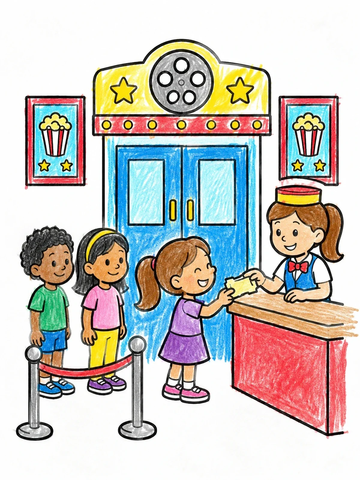 Colored example of the Children Buying Movie Theater Tickets coloring page