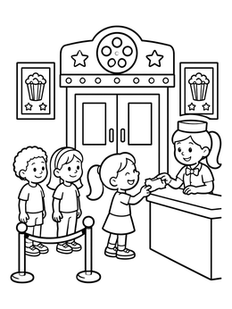 Free printable Children Buying Movie Theater Tickets coloring page