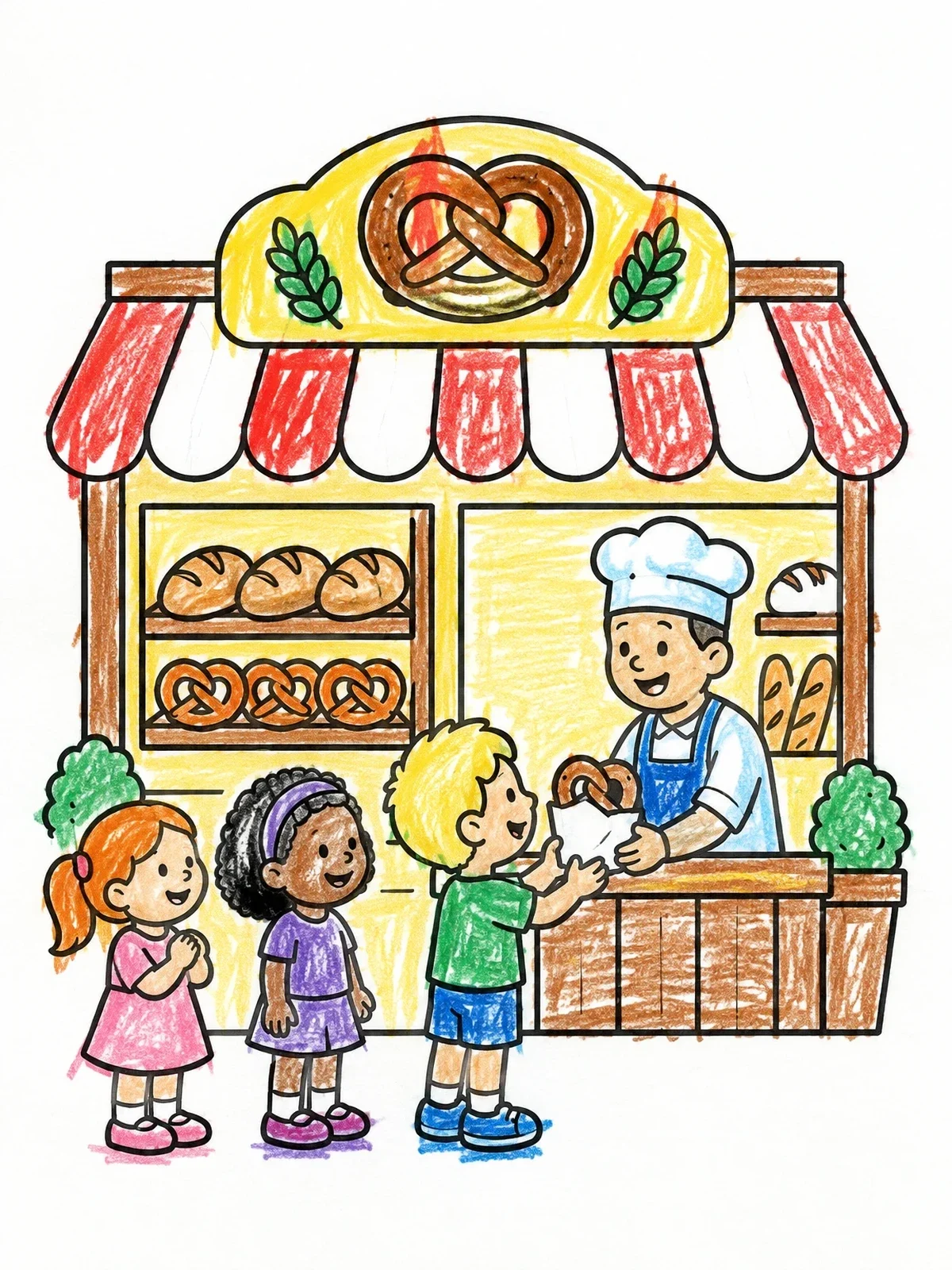 Colored example of the Children Buying Pretzels At Bakery coloring page
