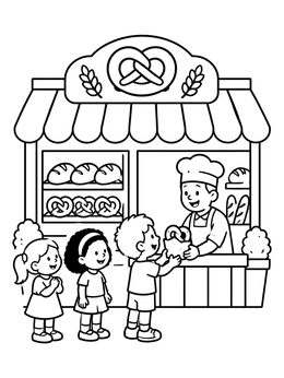 A friendly baker hands a pretzel to kids in this bakery coloring page.