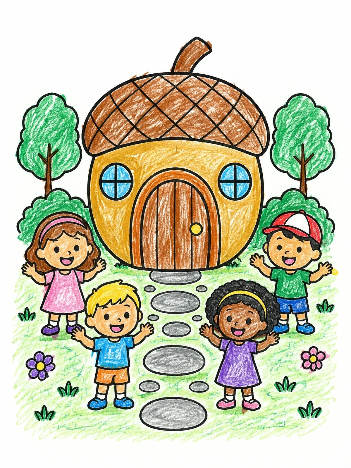 Colored example of the Children By The Acorn Fairy House coloring page