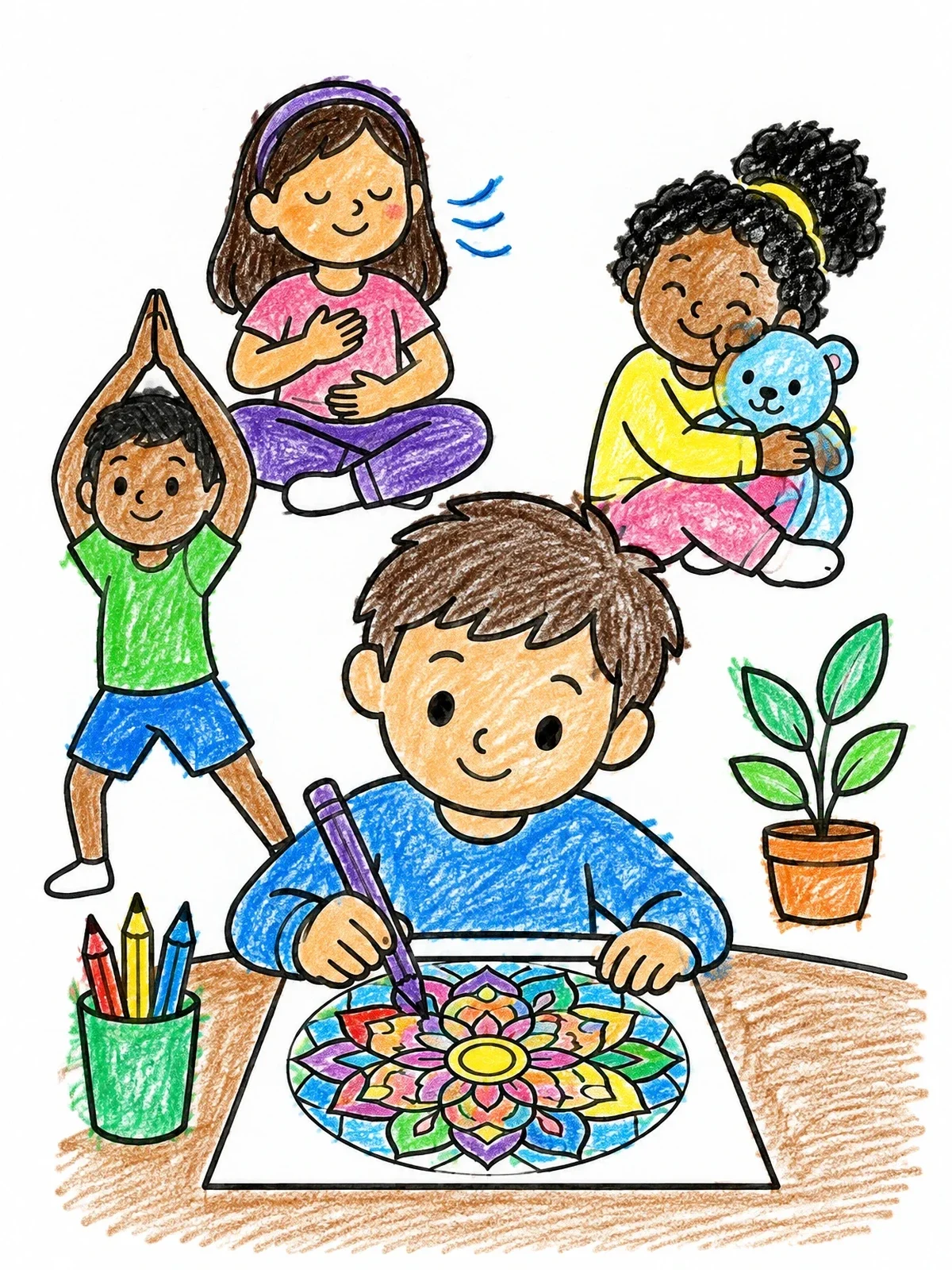 Colored example of the Children Practicing Calming Coping Skills coloring page