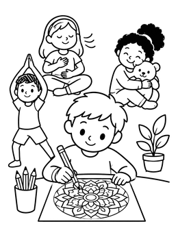 Children practicing relaxation techniques on a coping skills coloring page.